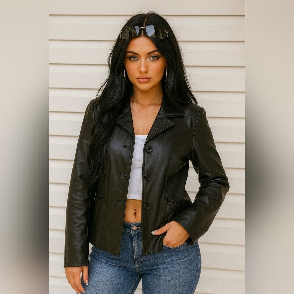 Black Leather Jacket/Coat Button Up M Pockets Y2K Baddie Mobwife Luxury